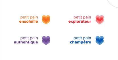 Four “La Food Fabrik” bakery product logos: “Petit Pain Ensoleillé” (orange), “Petit Pain Explorateur” (red), “Petit Pain Authentique” (purple) and “Petit Pain Champêtre” (blue). Each logo features a stylized heart composed of several layers of color.