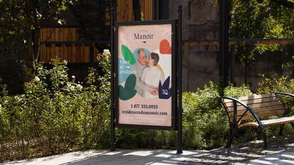 Poster of Les Résidences du Manoir with smiling senior couple, text 