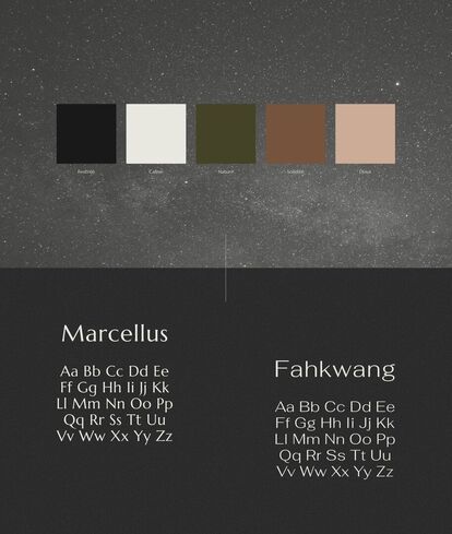 Palette de couleurs Borea avec les noms des couleurs (Forêt, Calme, Nature, Habitation, Douce) et les polices de caractères Marcellus et Fahkwang.