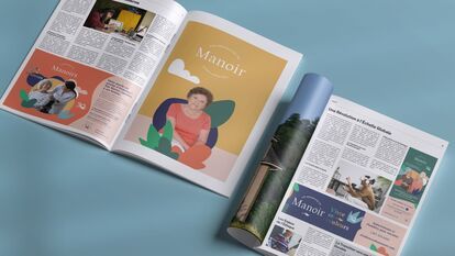 Advertisement for Les Résidences du Manoir in a magazine, colorful pages with smiling seniors, slogan 