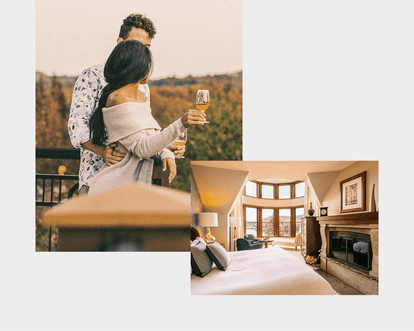 A couple toasts with wine on a wooden terrace overlooking the mountains at Hotel Quintessence, Tremblant. A second image shows a luxurious room with a king-size bed, fireplace and panoramic windows overlooking the landscape.
