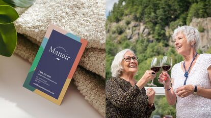 Business card for Les Résidences du Manoir with colorful design and contact details, photo of two elderly women toasting with wine, friendship and friendly atmosphere, warm branding for seniors.