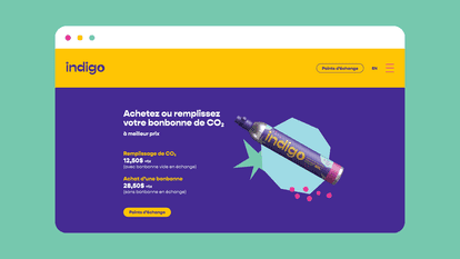 Une page web promotionnelle pour le remplissage ou l'achat de bonbonnes de CO2 de la marque Indigo. Le prix du remplissage est de 12,50$ avec une bonbonne vide en échange et l'achat d'une nouvelle bonbonne est de 28,50$.