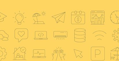 A collection of minimalist icons representing various concepts related to work, technology, finance, travel and lifestyle.