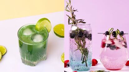 A picture divided into two parts. On the left, a glass filled with sparkling green matcha cocktail, garnished with round ice cubes and lime slices. On the right, two glasses filled with sparkling water: one blue with blackberries and rosemary, the other p