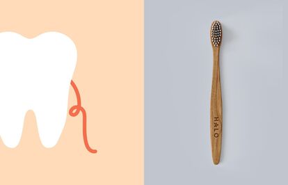 Une illustration d'une dent avec du fil dentaire enroulé autour, à côté d'une brosse à dents en bambou avec le logo HALO.