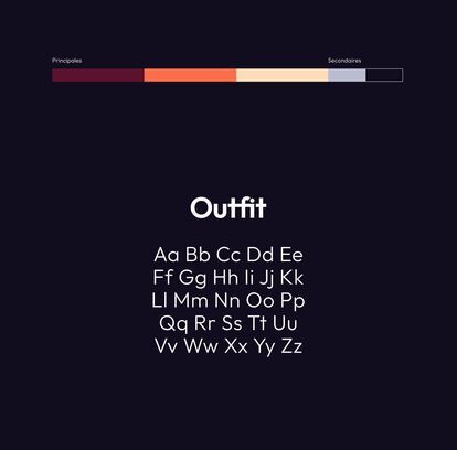 The typography named “Outfit” is written in bold type, followed by the lower-case alphabet below. A color palette is represented by four horizontal bars at the top of the image, ranging from dark red to gray.
