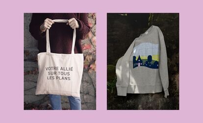 design of a tote-bag and a crewneck sweater with the new branding  and newlogo