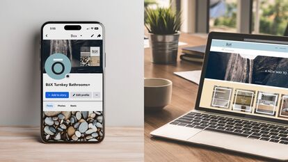 Two images side by side. On the left, a smartphone displays the Facebook profile of BOX Turnkey Bathrooms+. On the right, a laptop displays the same company's website.