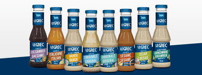 A range of new bottles of Le Grec vinaigrette, including Balsamic, Italian, Ranch, Original (in two formats), Sesame, Caesar and Cucumber flavours.