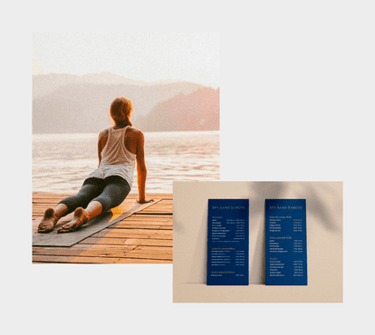 Two Spa Sans Sabots menus detailing massages, facials, body treatments, and foot care. A woman on the left assumes a yoga position on the dock.