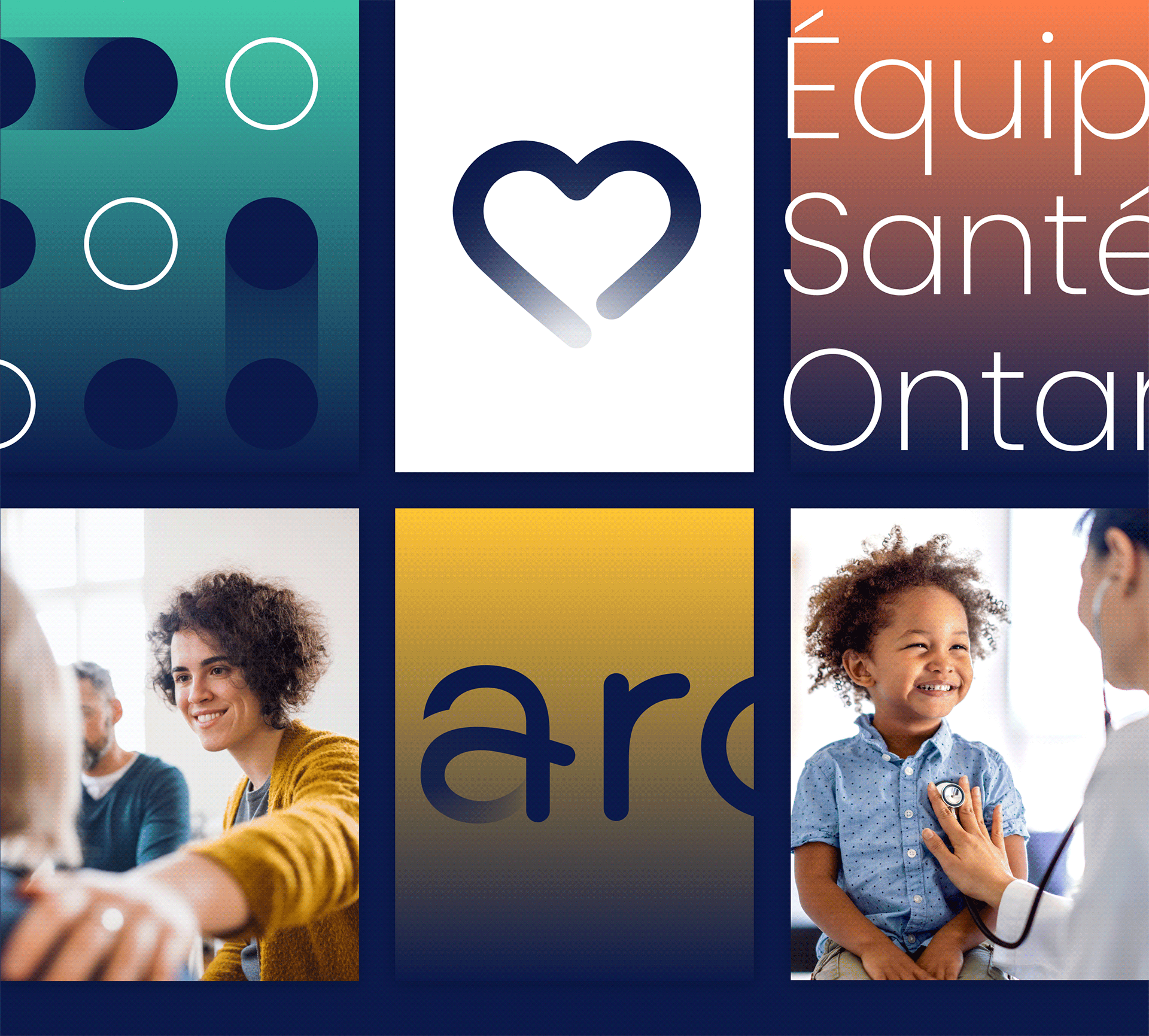 Ontario Health Team logo with a stylized heart on a white background, flanked by blue and green abstract patterns on the left and the text