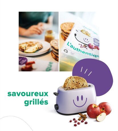 A picture divided into three parts.On the left, a hand spreads a spread on a toasted bun, next to slices of apple and pear. In the center, a package of “L'Authentique” rolls from La Food Fabrik. On the right, a purple toaster with a smiling face holds two