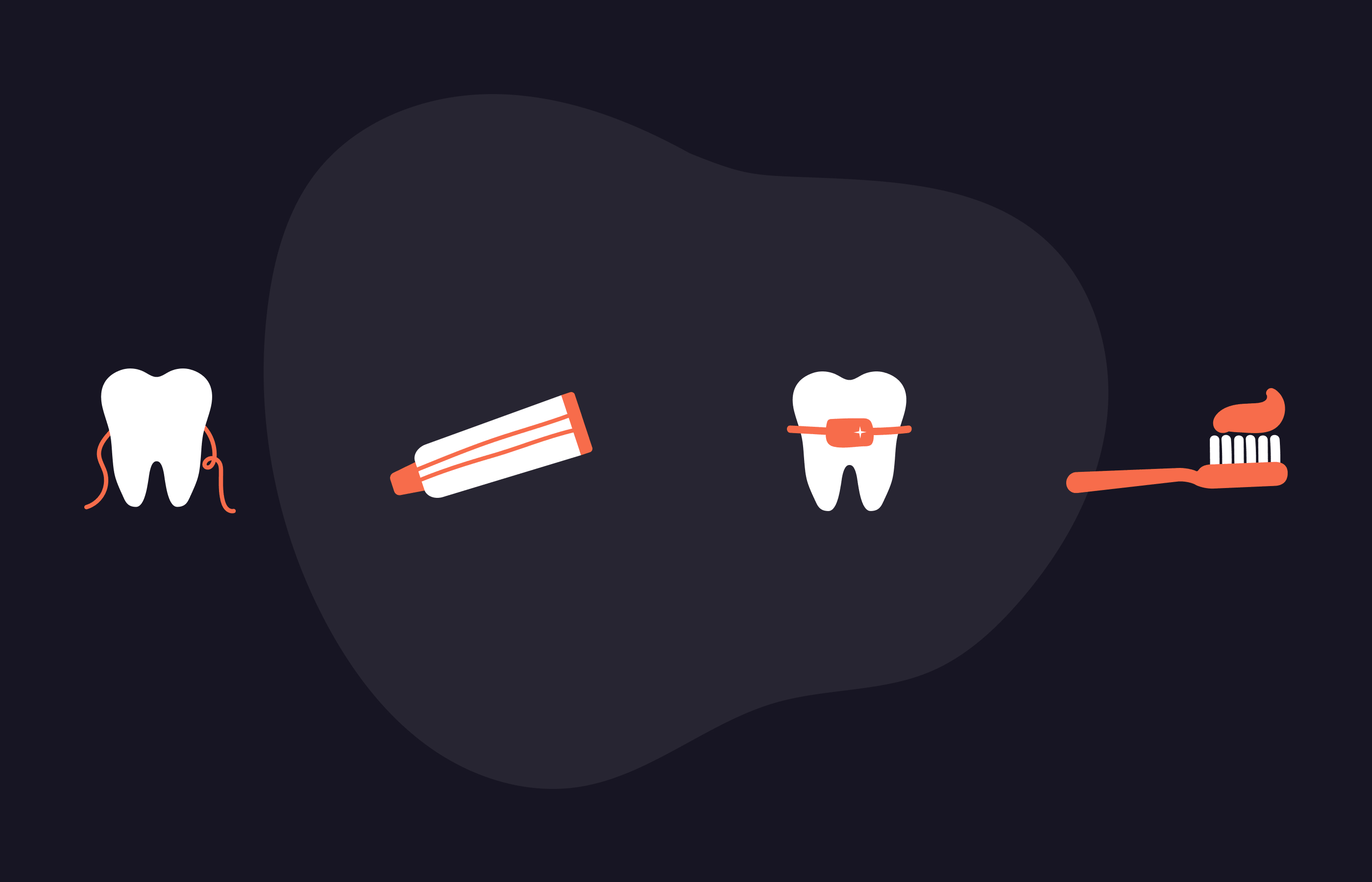 Une illustration représentant quatre éléments d'hygiène bucco-dentaire : une dent avec du fil dentaire, un tube de dentifrice, une dent avec un appareil orthodontique et une brosse à dents avec du dentifrice.