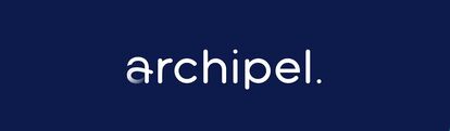 Archipel company logo in white lowercase letters on a dark blue background. The letter