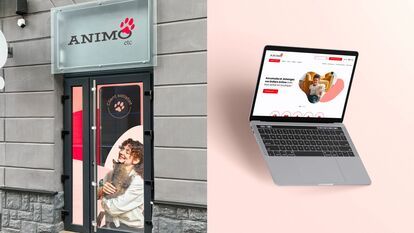 The picture shows the window of a pet store called “ANIMO etc” with a paw-shaped logo. The “Smiling Customer” logo and a person holding a dog can be seen on the door. To the right of the image is a laptop displaying the home page of the ANIMO website, whi