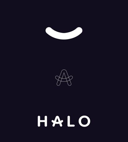 A logo with the word “HALO” written in white on a black background. The “A” in HALO is stylized and resembles a chair. Above it is a white shape evoking a smile or halo.