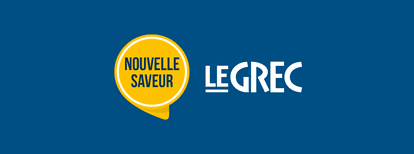 A yellow and white logo on a blue background announces “Nouvelle Saveur” by the Le Grec brand.