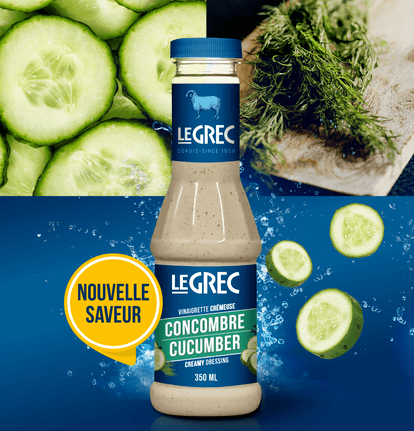 A 350 ml bottle of Le Grec's new creamy cucumber vinaigrette is presented on a blue background, with cucumber slices and dill surrounding it. The bottle's label is white, with the Le Grec logo clearly visible at the top. A yellow band reads “Nouvelle Save