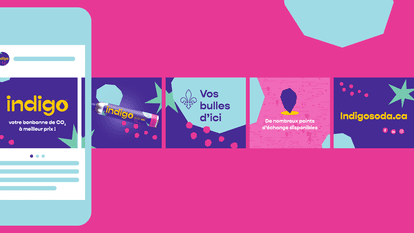 An Instagram post promoting Indigo CO2 cylinders. The first frame shows a phone advertising Indigo CO2 cylinders at a better price. The following frames show an Indigo CO2 cylinder, the slogan “Vos bulles d'ici” (“Your bubbles from here”), a map with poin