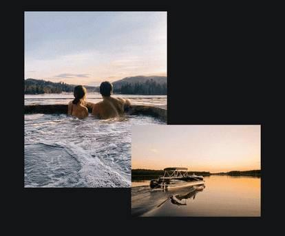 A couple relaxes in an outdoor Jacuzzi overlooking the lake at sunset at the Quintessence Hotel, Tremblant. A second image shows a boat sailing on the peaceful lake at dusk.