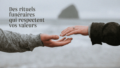 Two hands reach towards each other against a blurred background that appears to be a coastal landscape with a rock formation. The left hand wears a wedding ring, suggesting a loving relationship. Above the hands, the following text is written in French: F