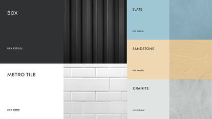 Palette de couleurs pour salle de bain de la compagnie BOX. Les couleurs incluent: noir (Slate) : HEX #292c2c, beige (Sandstone) : HEX #eed6b1, blanc (Metro Tile) : HEX #ffffff. gris clair (Granite) : HEX #dfe3e2 et bleu grisâtre (Slate).