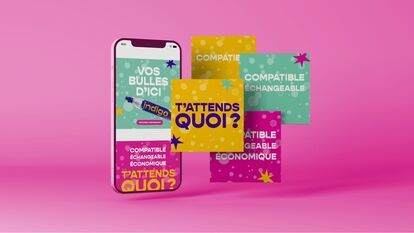 A cell phone displays an advertisement for Indigo CO2 cylinders with the slogan “Your bubbles from here”. Around the phone, colorful cards highlight the product's advantages: “compatible”, ‘exchangeable’ and ‘economical’. The text “What are you waiting fo