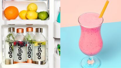 A picture divided into two parts. On the left, three bottles of Indigo sparkling water filled with water and fruit are stored in a citrus refrigerator. On the right, a cocktail glass filled with a pink smoothie and garnished with an orange straw.